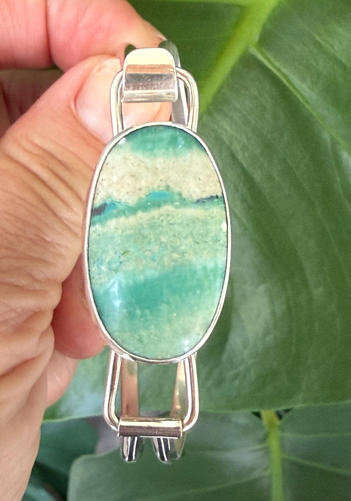Indonesian Opal Bracelet in Sterling Silver, Bangle with Scenic Stone