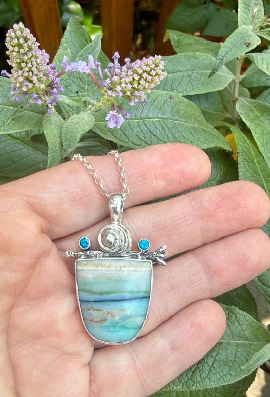 Opalized wood with kyanite in sterling silver pendant