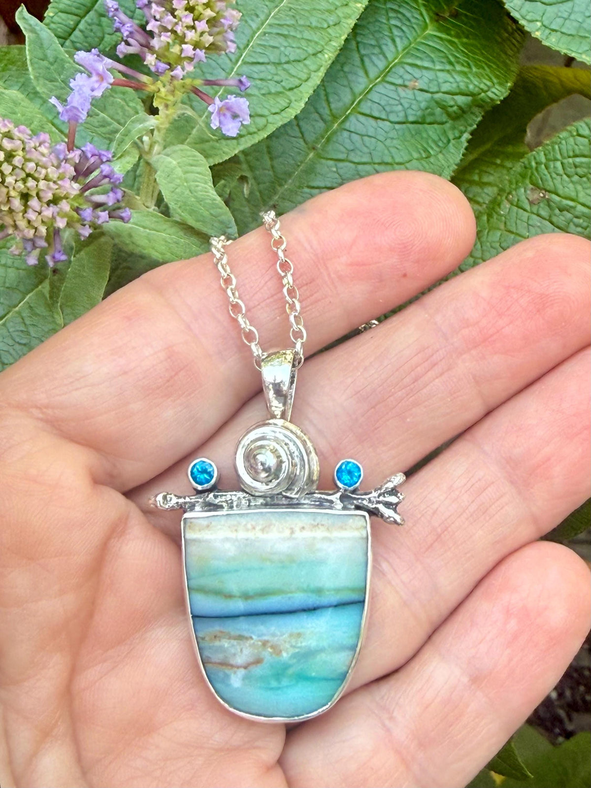 Opalized wood with kyanite in sterling silver pendant