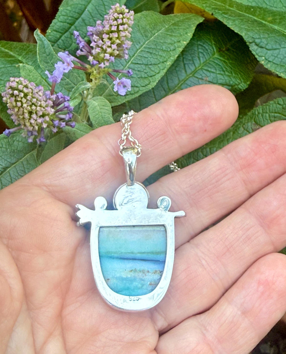 Opalized wood with kyanite in sterling silver pendant