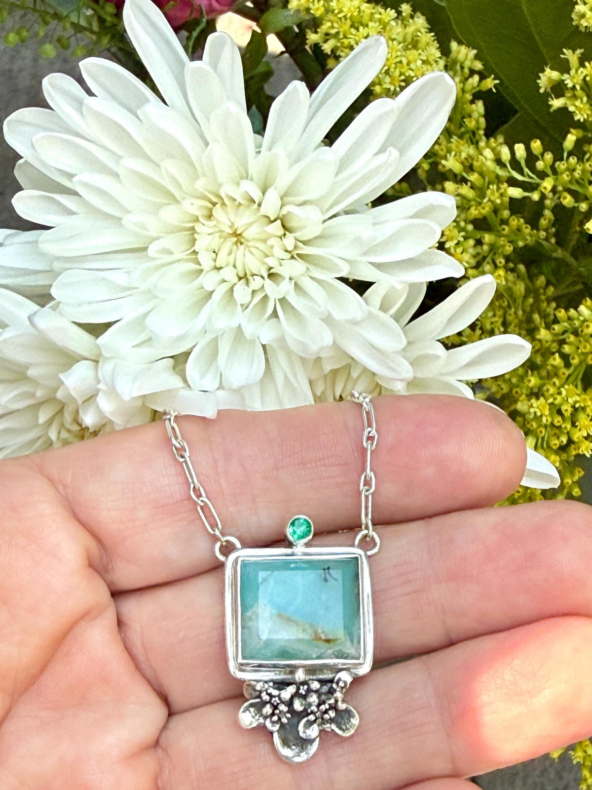 Peruvian Opal square necklace with Emerald in sterling silver