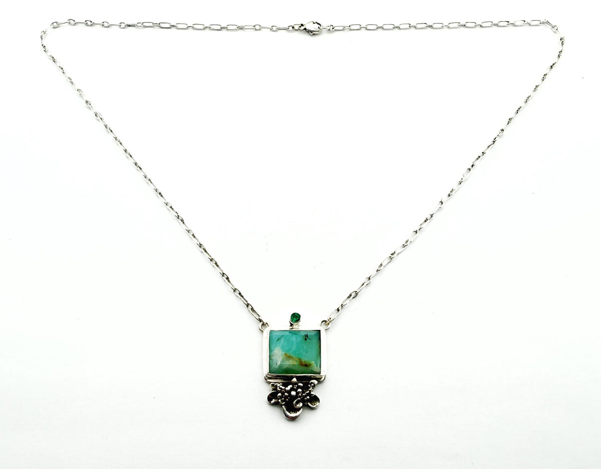 Peruvian Opal square necklace with Emerald in sterling silver