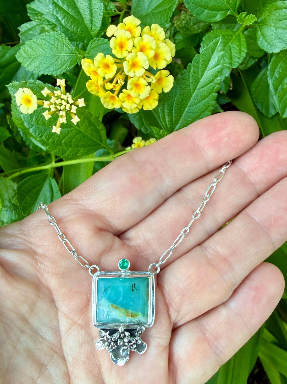Peruvian Opal square necklace with Emerald in sterling silver
