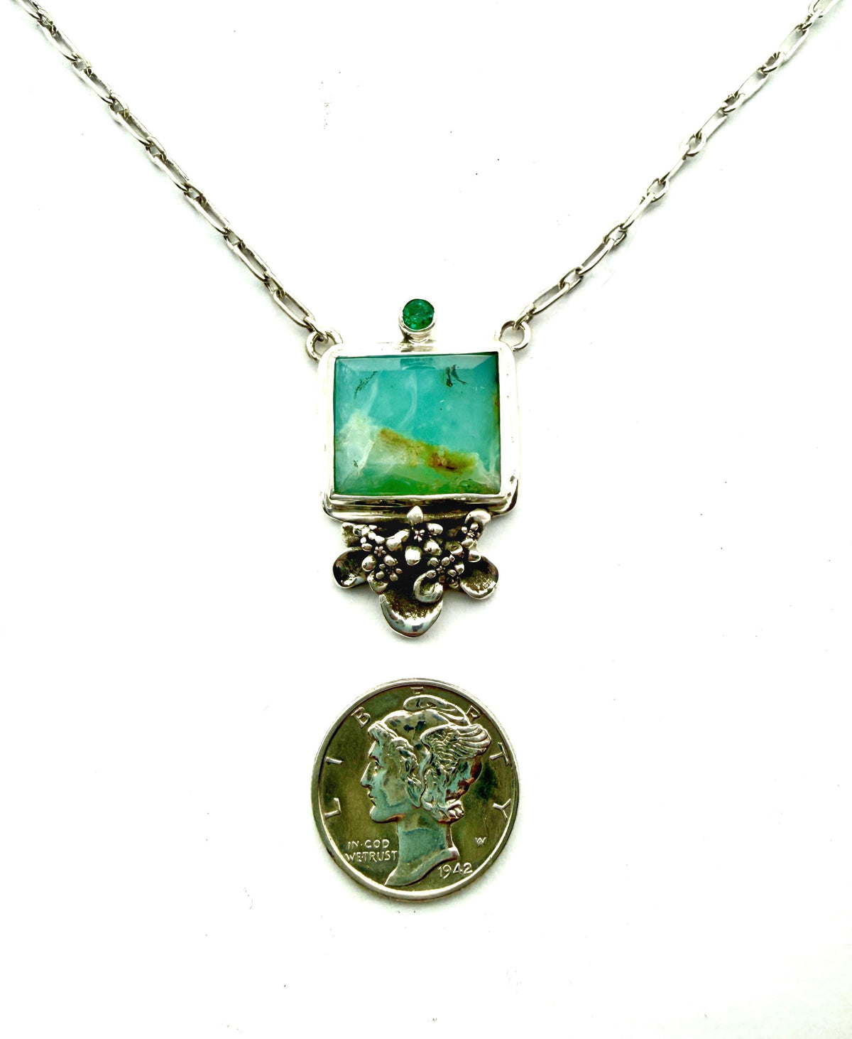 Peruvian Opal square necklace with Emerald in sterling silver