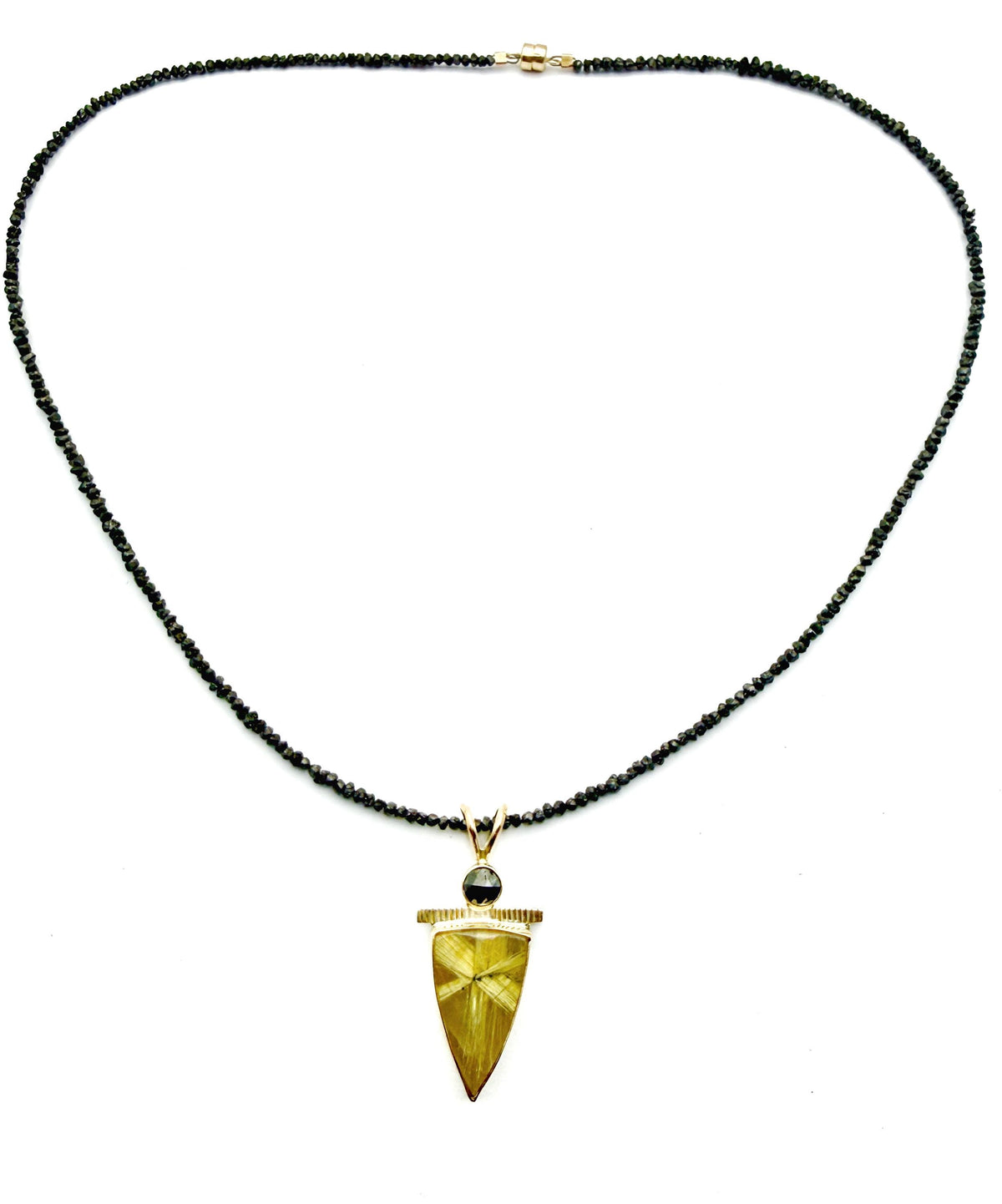 Rutilated Quartz and Black Diamond Pendant in 14k Gold and Sterling Silver