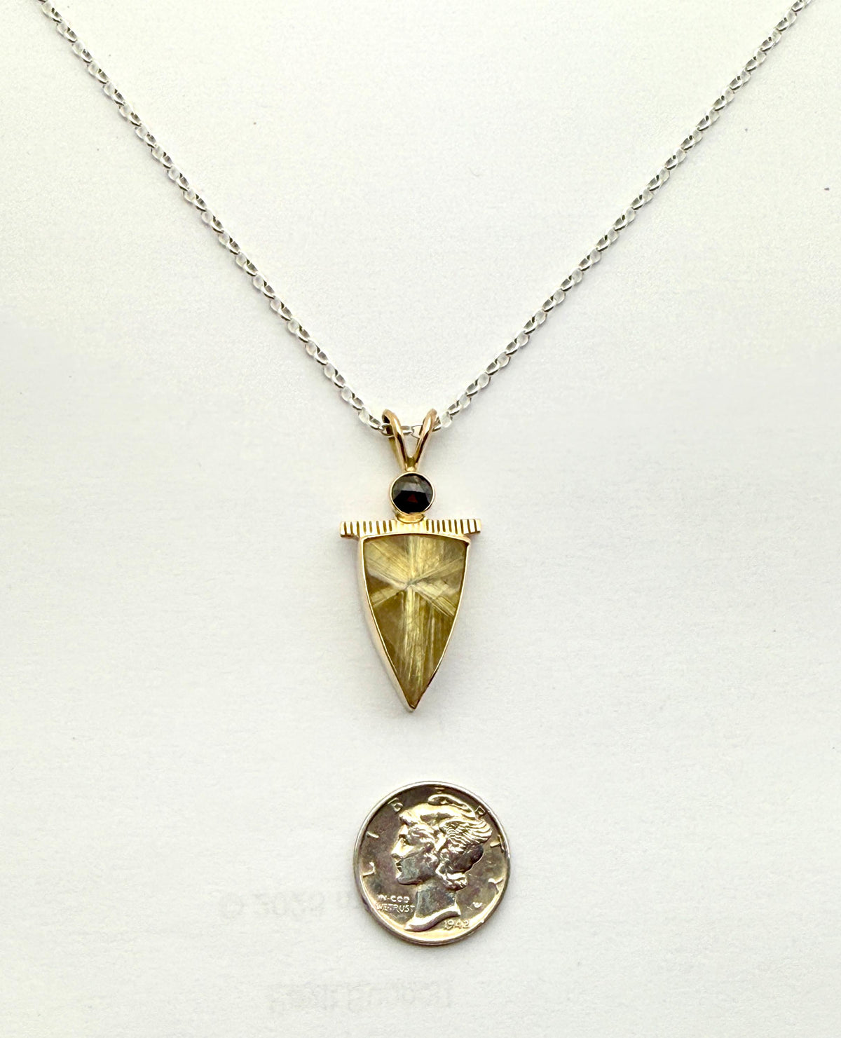 Rutilated Quartz and Black Diamond Pendant in 14k Gold and Sterling Silver