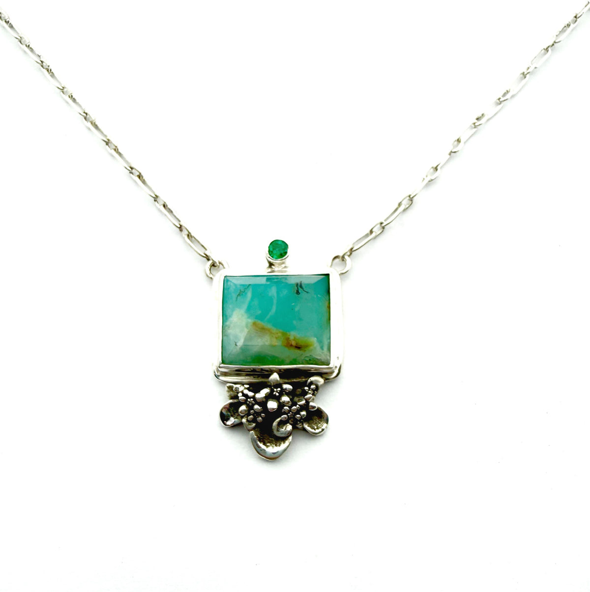 Peruvian Opal square necklace with Emerald in sterling silver