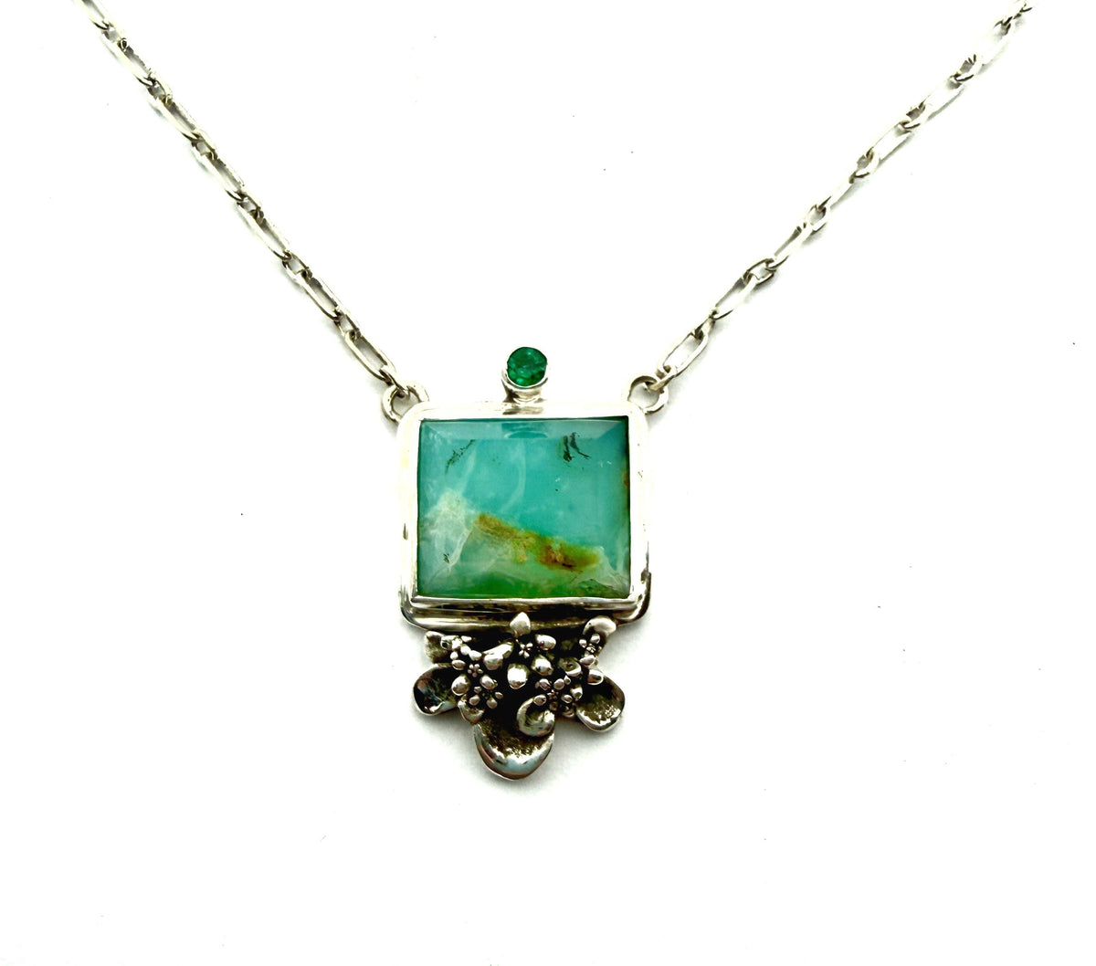 Peruvian Opal square necklace with Emerald in sterling silver