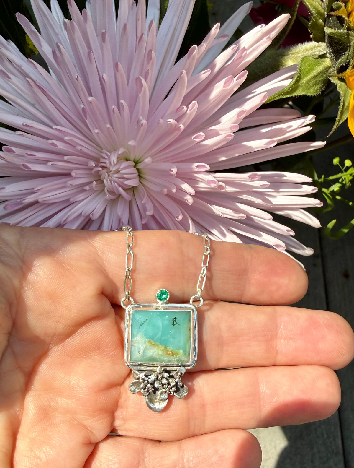 Peruvian Opal square necklace with Emerald in sterling silver