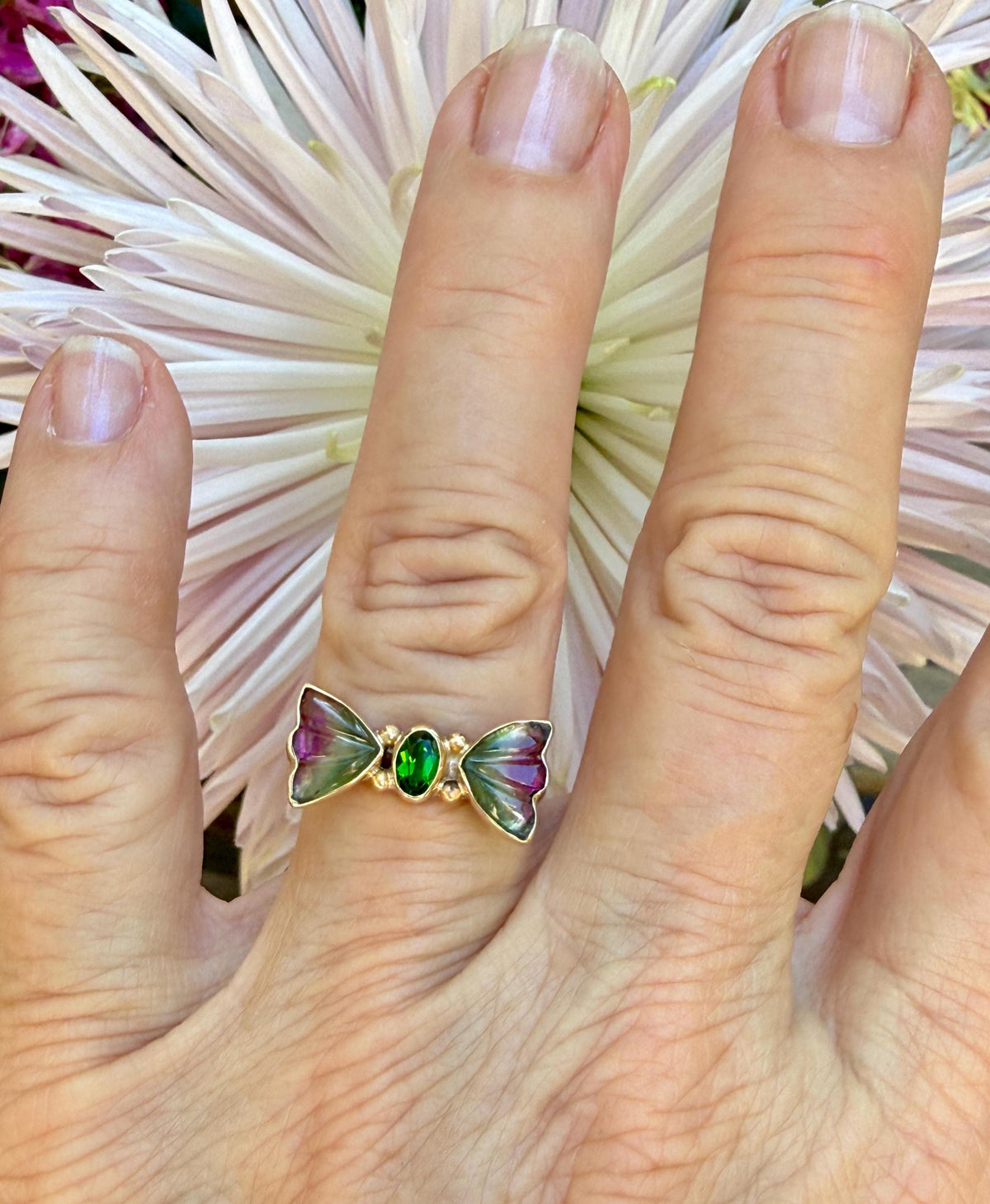 Watermelon Tourmaline Butterfly ring in 14k gold and sterling silver