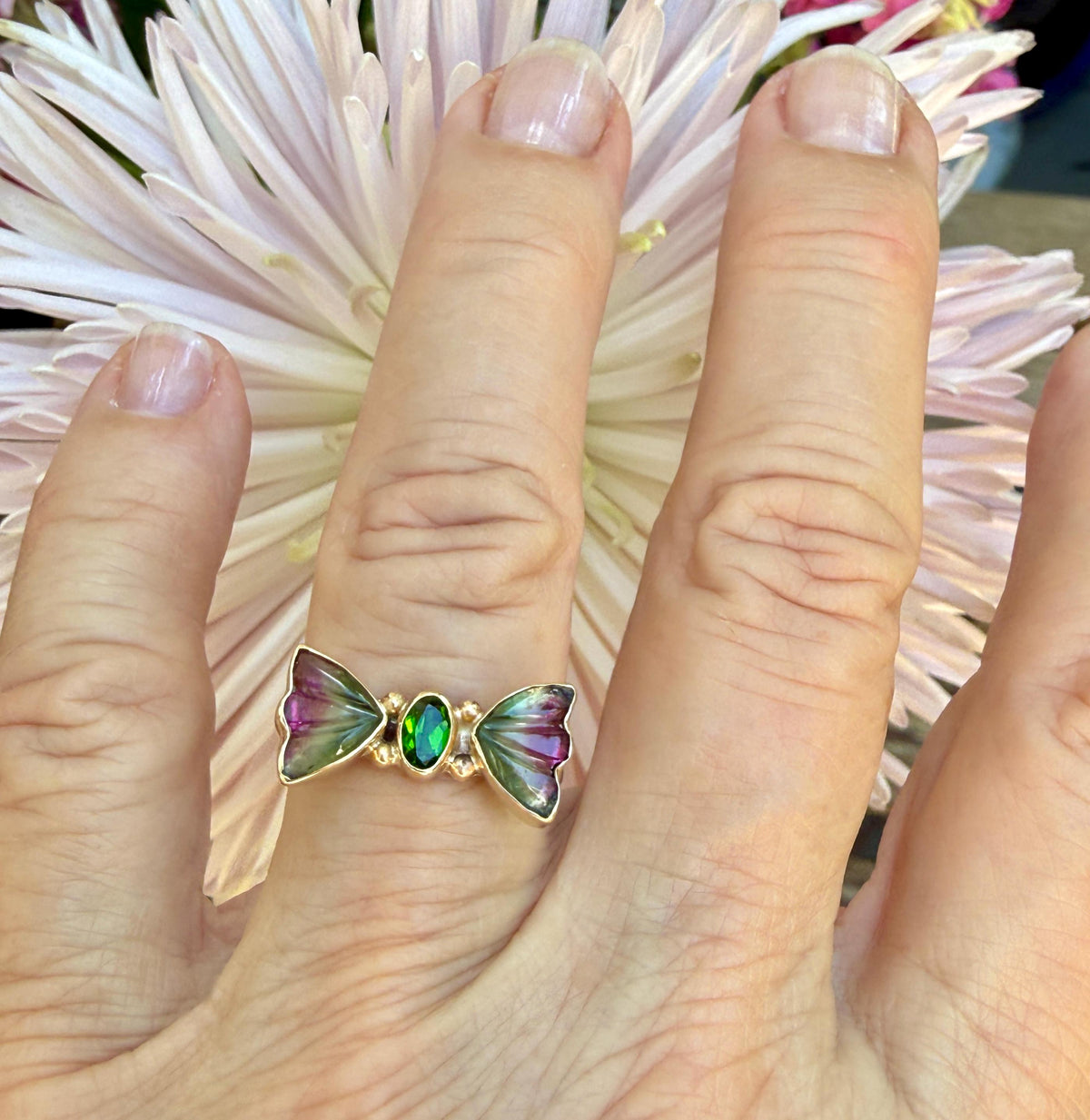 Watermelon Tourmaline Butterfly ring in 14k gold and sterling silver