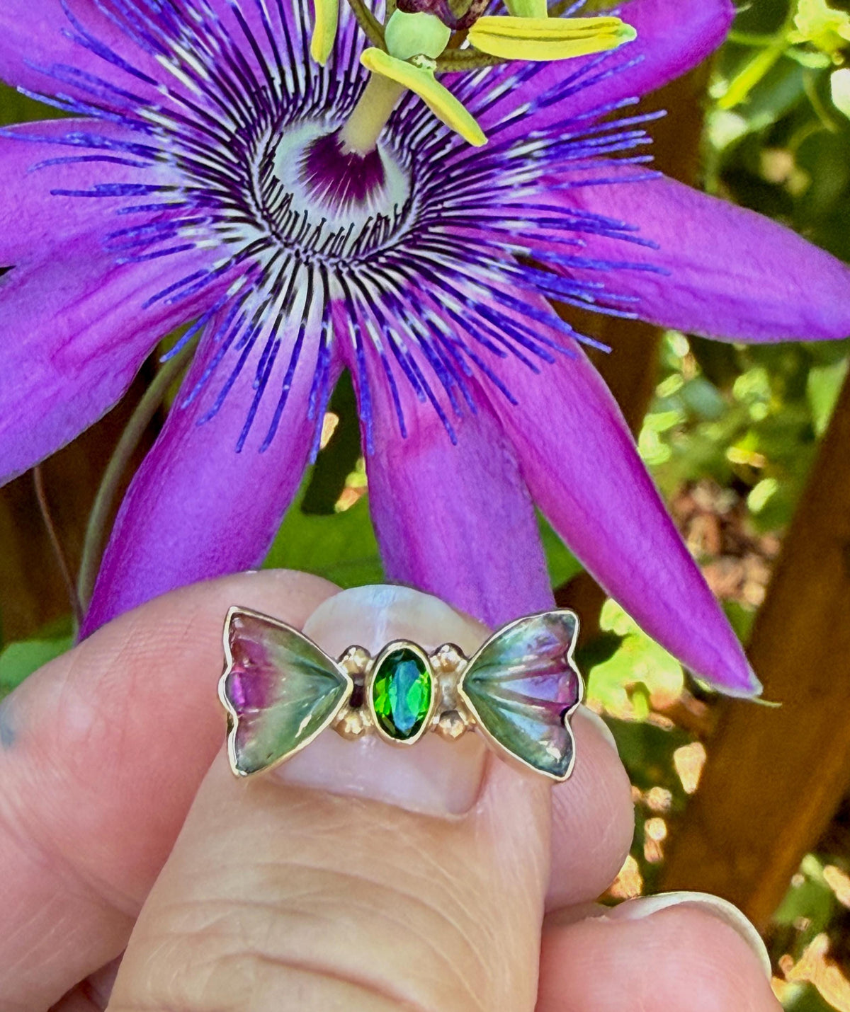 Watermelon Tourmaline Butterfly ring in 14k gold and sterling silver