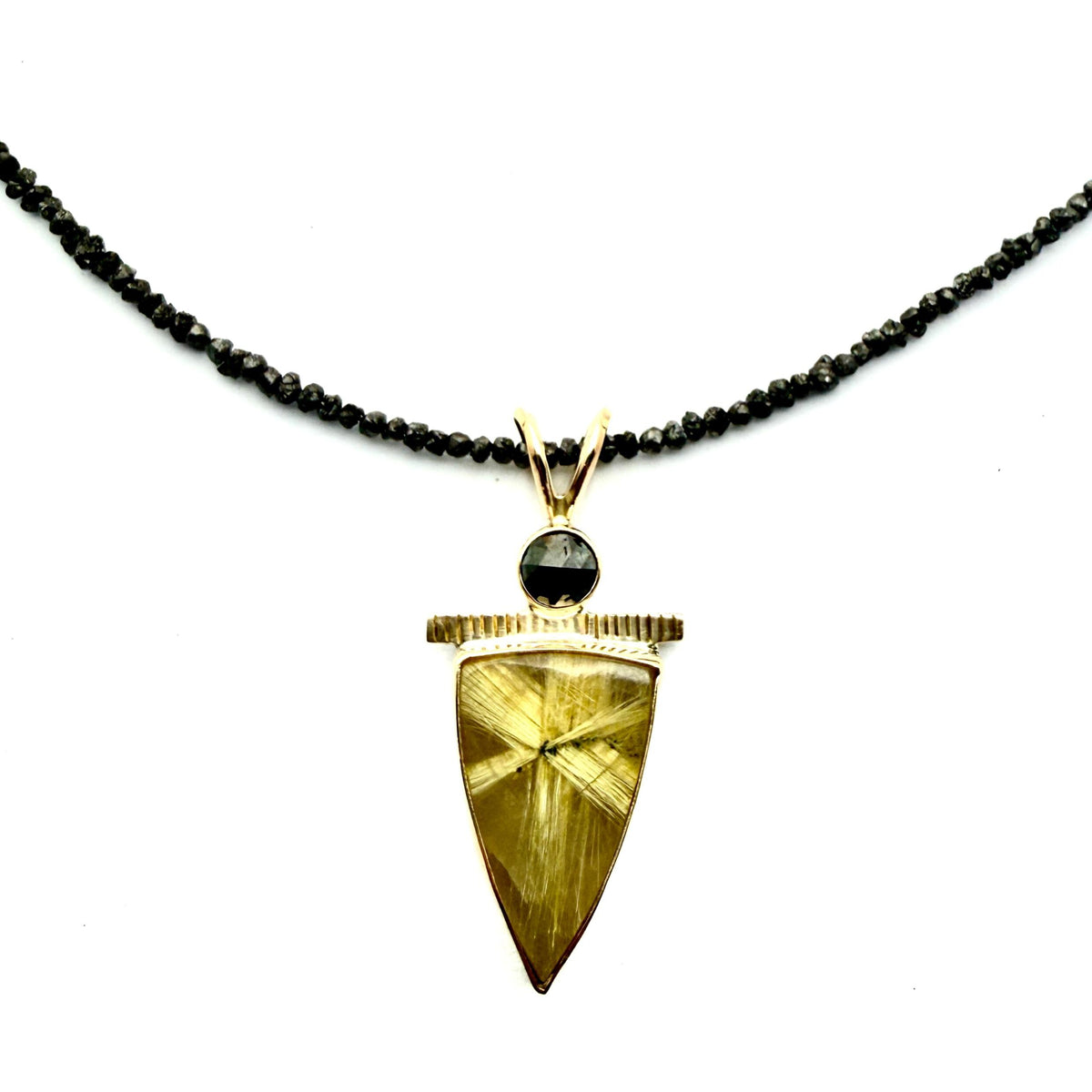 Rutilated Quartz and Black Diamond Pendant in 14k Gold and Sterling Silver
