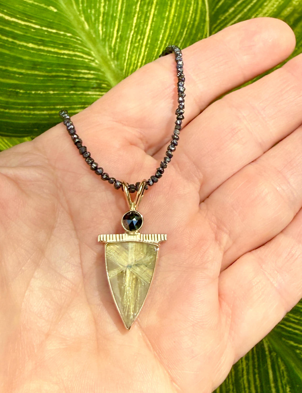 Rutilated Quartz and Black Diamond Pendant in 14k Gold and Sterling Silver