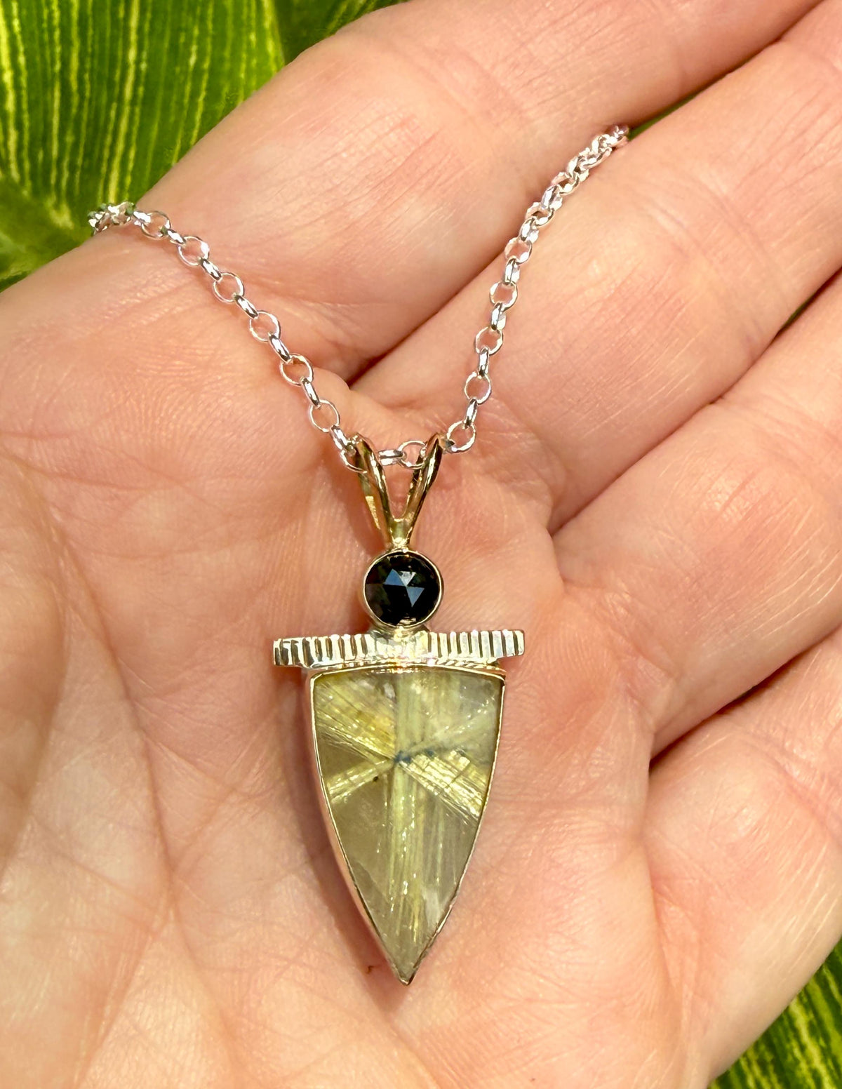 Rutilated Quartz and Black Diamond Pendant in 14k Gold and Sterling Silver