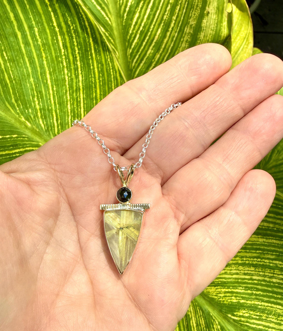 Rutilated Quartz and Black Diamond Pendant in 14k Gold and Sterling Silver
