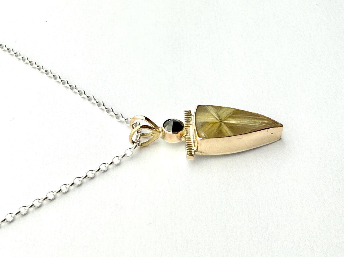 Rutilated Quartz and Black Diamond Pendant in 14k Gold and Sterling Silver
