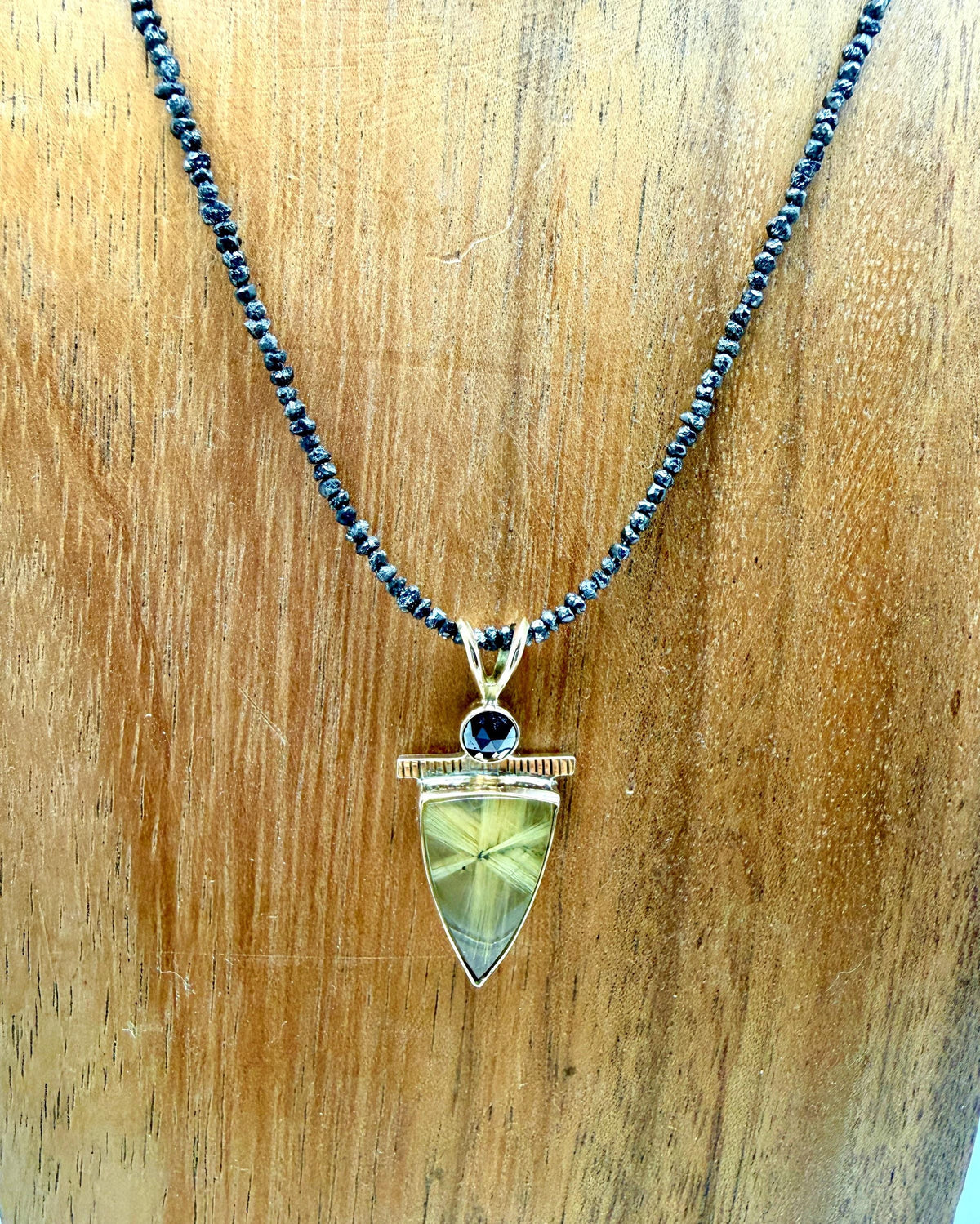Rutilated Quartz and Black Diamond Pendant in 14k Gold and Sterling Silver