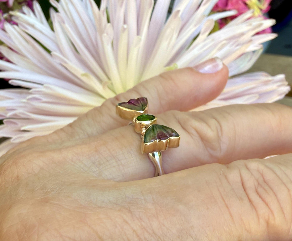 Watermelon Tourmaline Butterfly ring in 14k gold and sterling silver