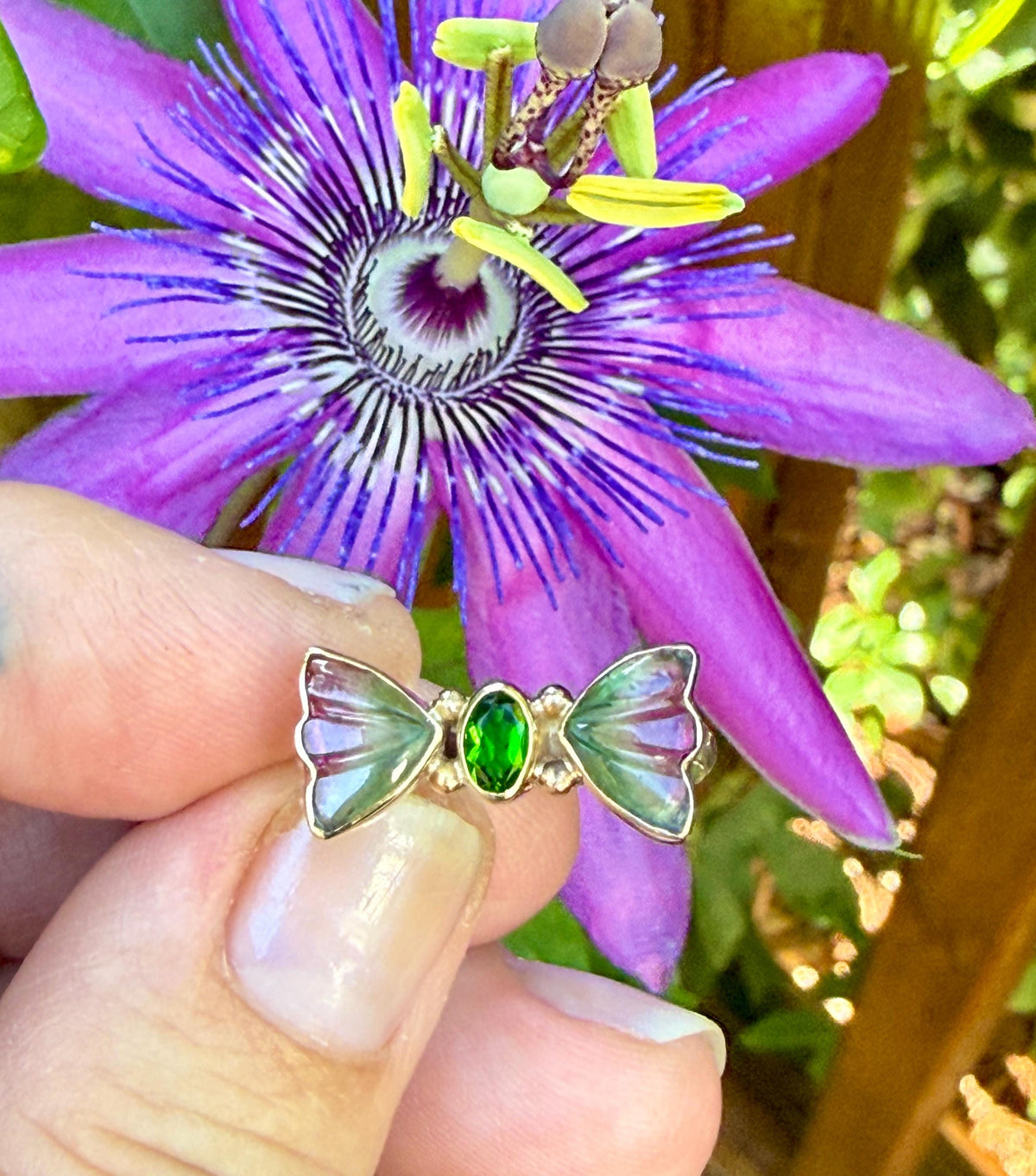 Watermelon Tourmaline Butterfly ring in 14k gold and sterling silver