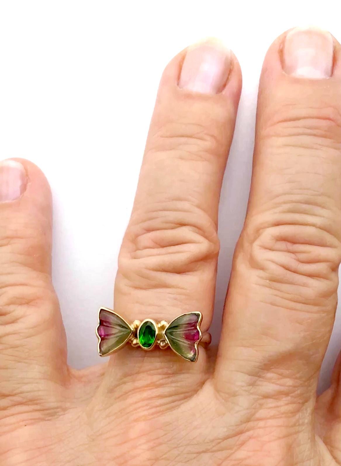 Watermelon Tourmaline Butterfly ring in 14k gold and sterling silver
