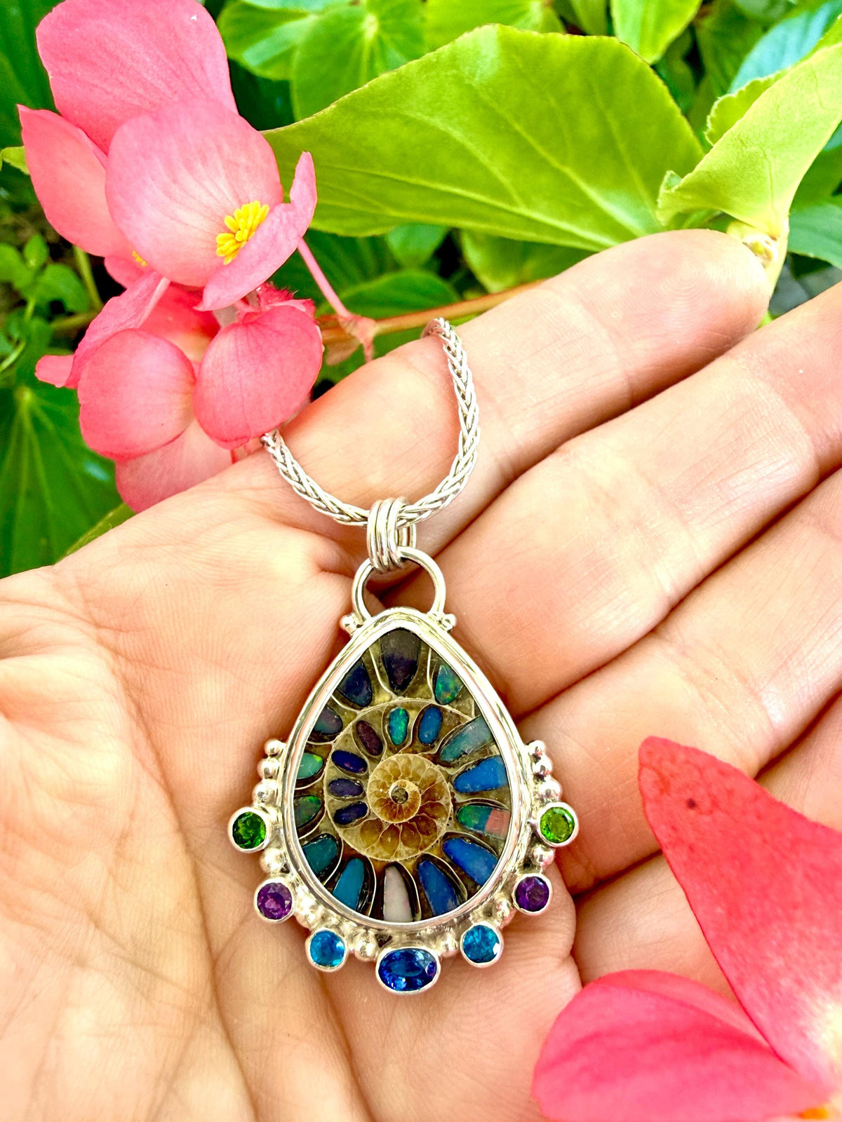 Ammonite Fossil Inlaid with Ethiopian Opals and Accented with gemstones