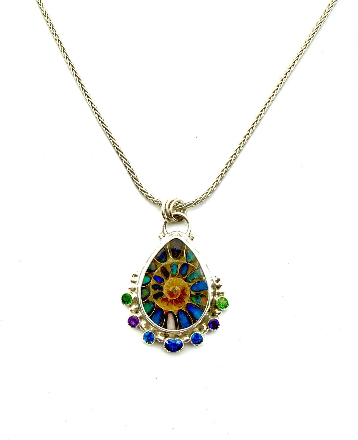 Ammonite Fossil Inlaid with Ethiopian Opals and Accented with gemstones
