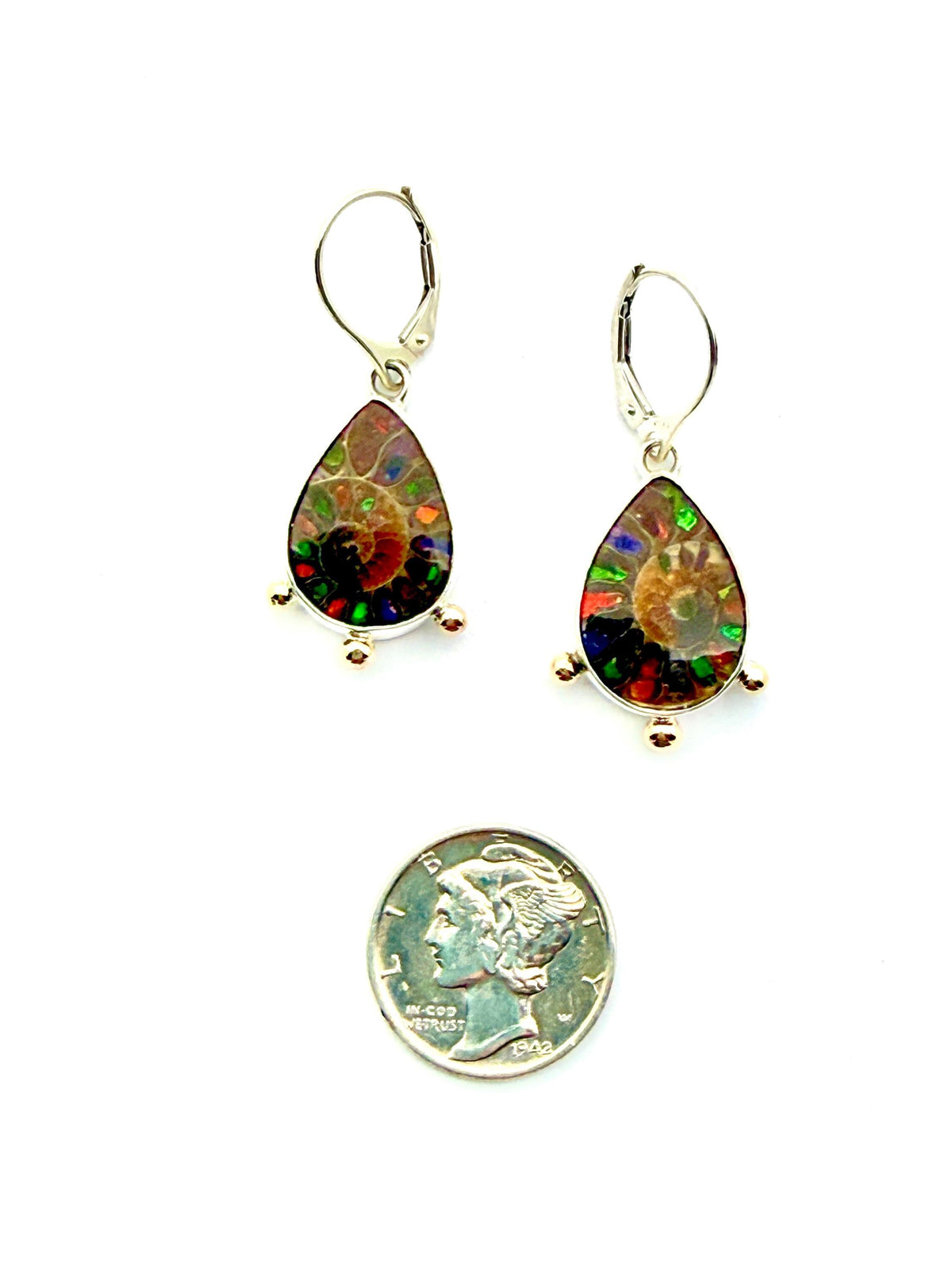 Ammonite Fossil Earrings with Ammolite Inlay and 14k details