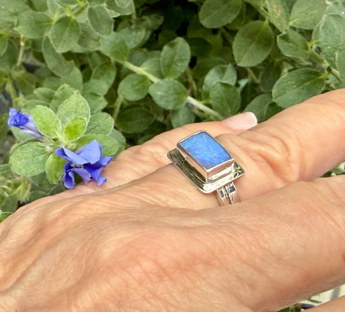 Australian Opal Rectangle Ring in sterling silver, October birthstone ring