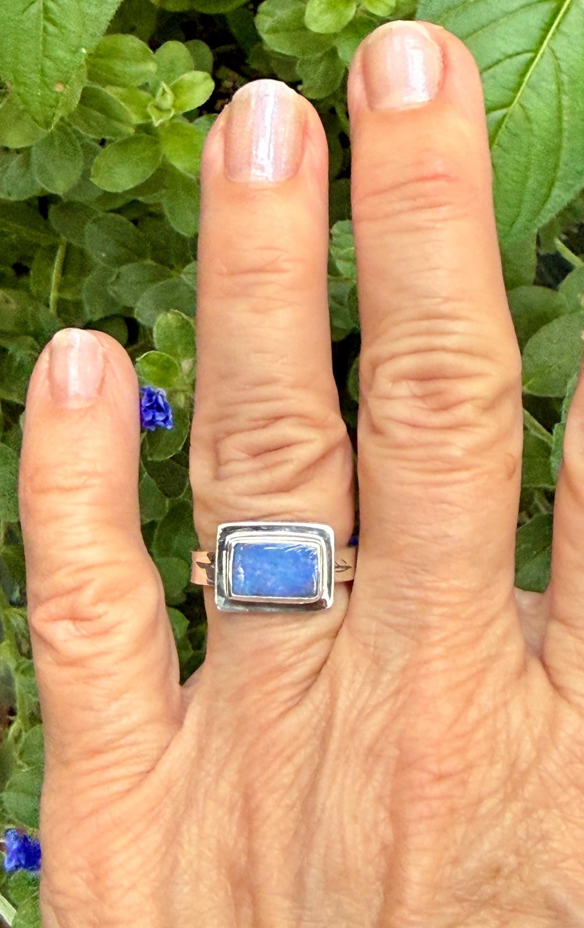 Australian Opal Rectangle Ring in sterling silver, October birthstone ring