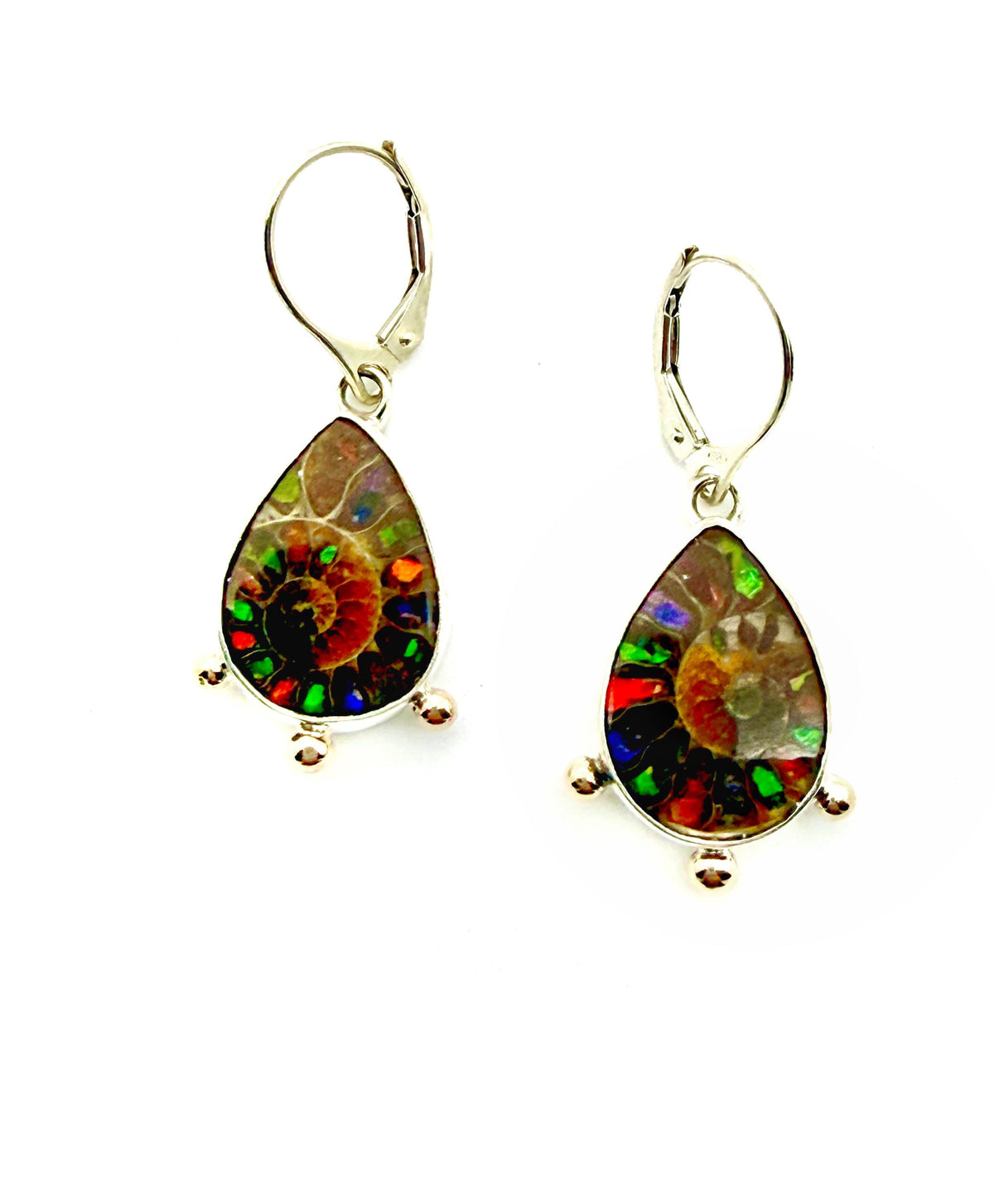 Ammonite Fossil Earrings with Ammolite Inlay and 14k details