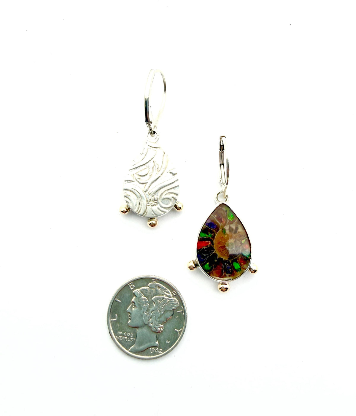 Ammonite Fossil Earrings with Ammolite Inlay and 14k details