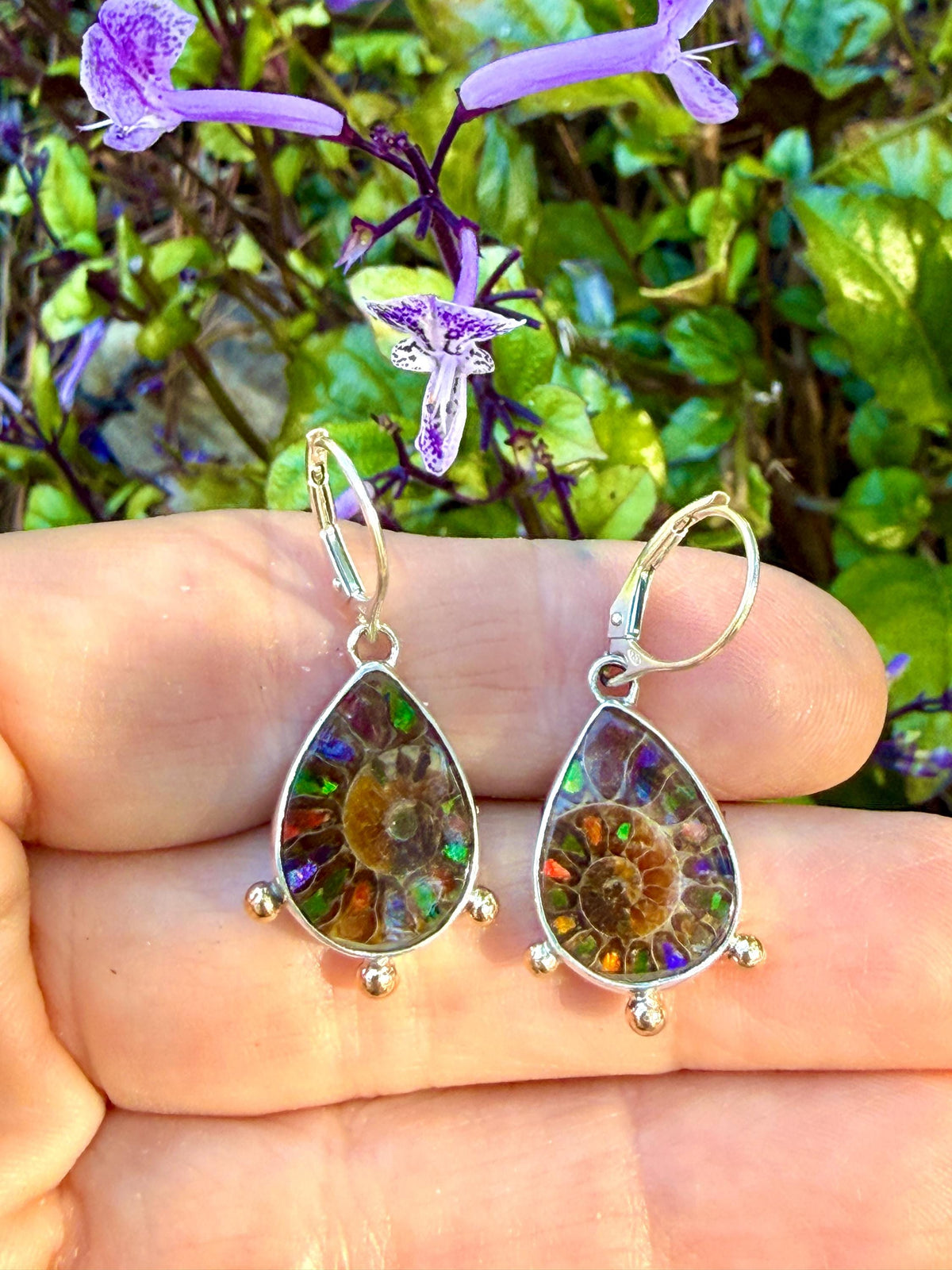 Ammonite Fossil Earrings with Ammolite Inlay and 14k details