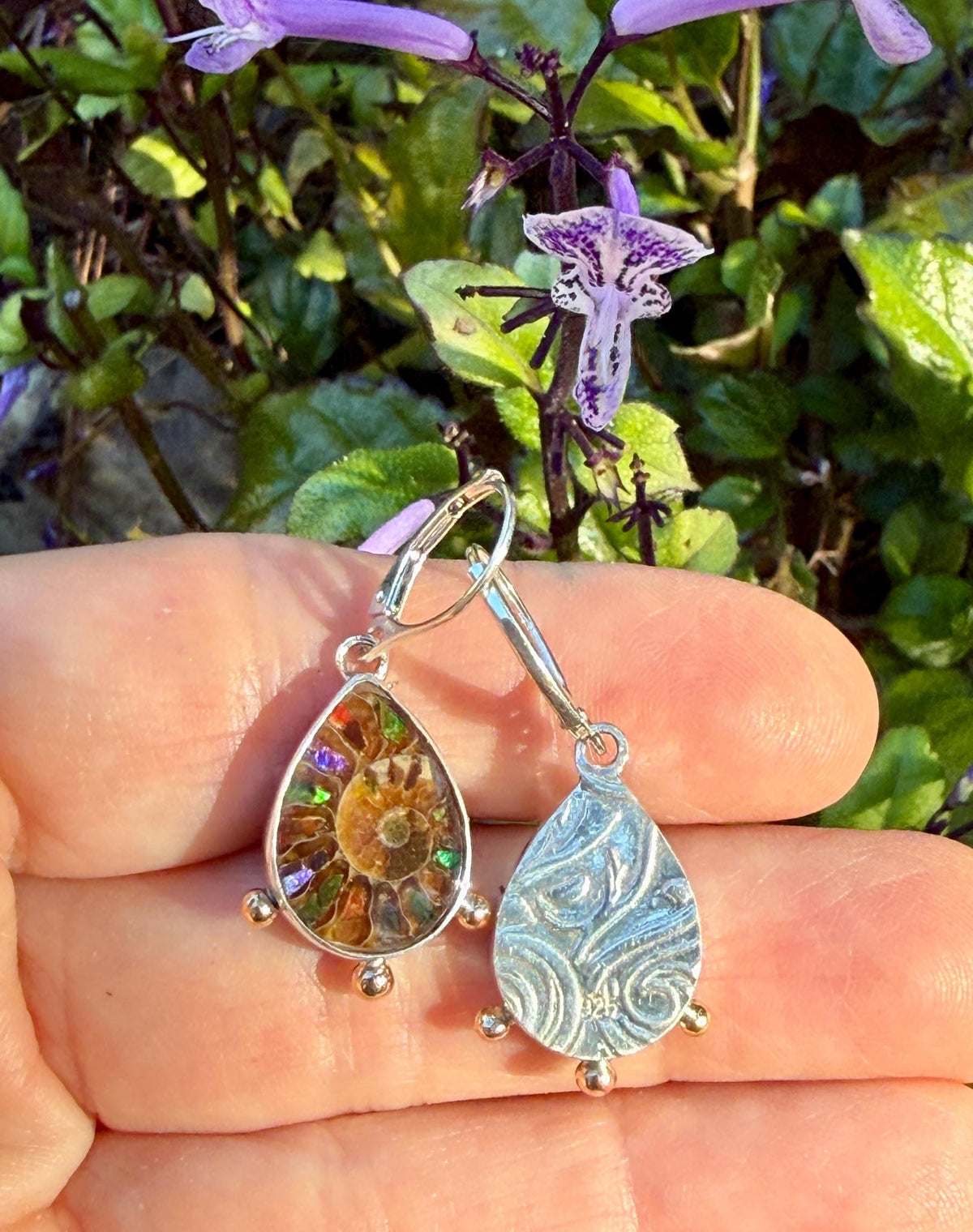 Ammonite Fossil Earrings with Ammolite Inlay and 14k details