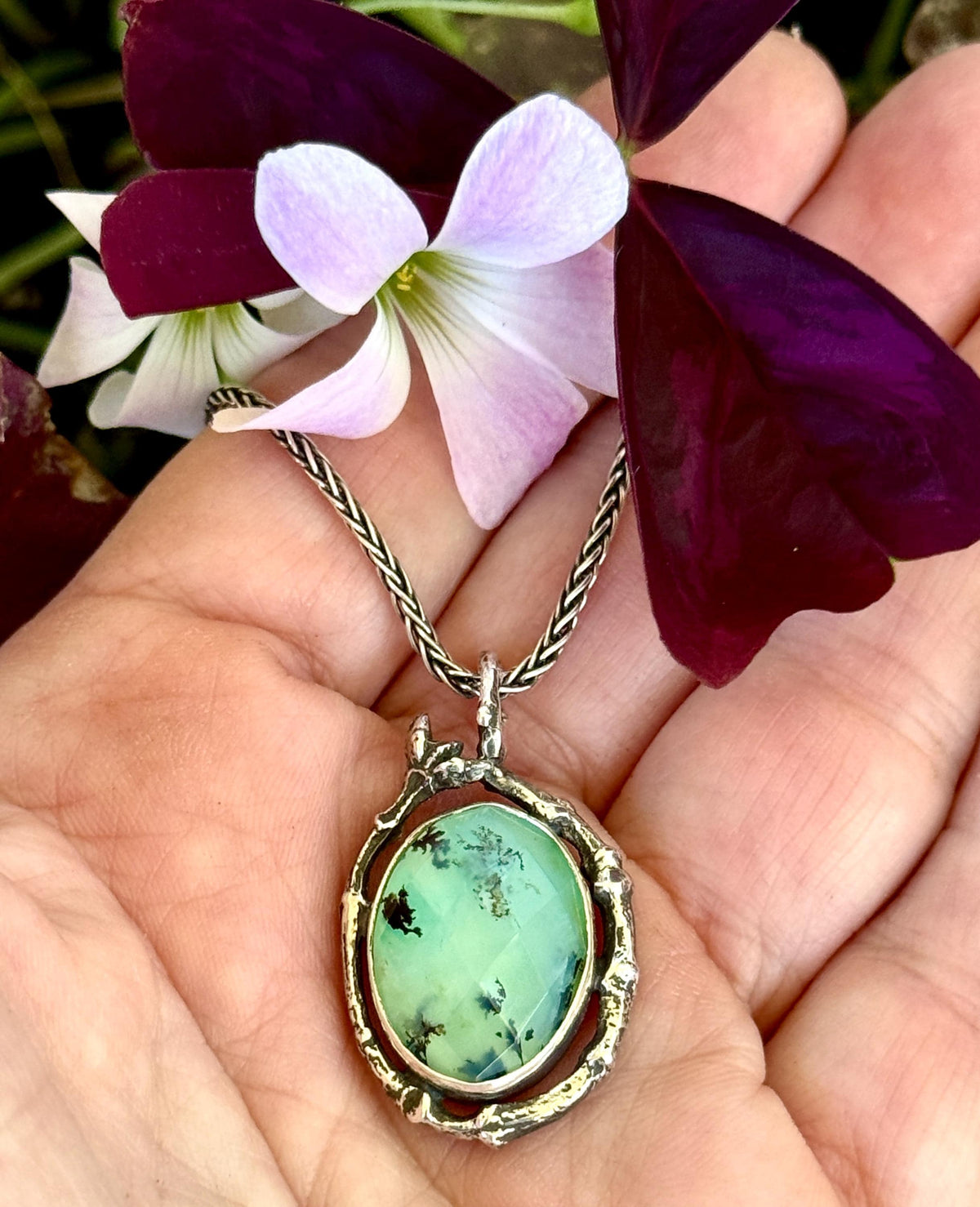 Peruvian Opal Pendant with Twig Border in Sterling Silver