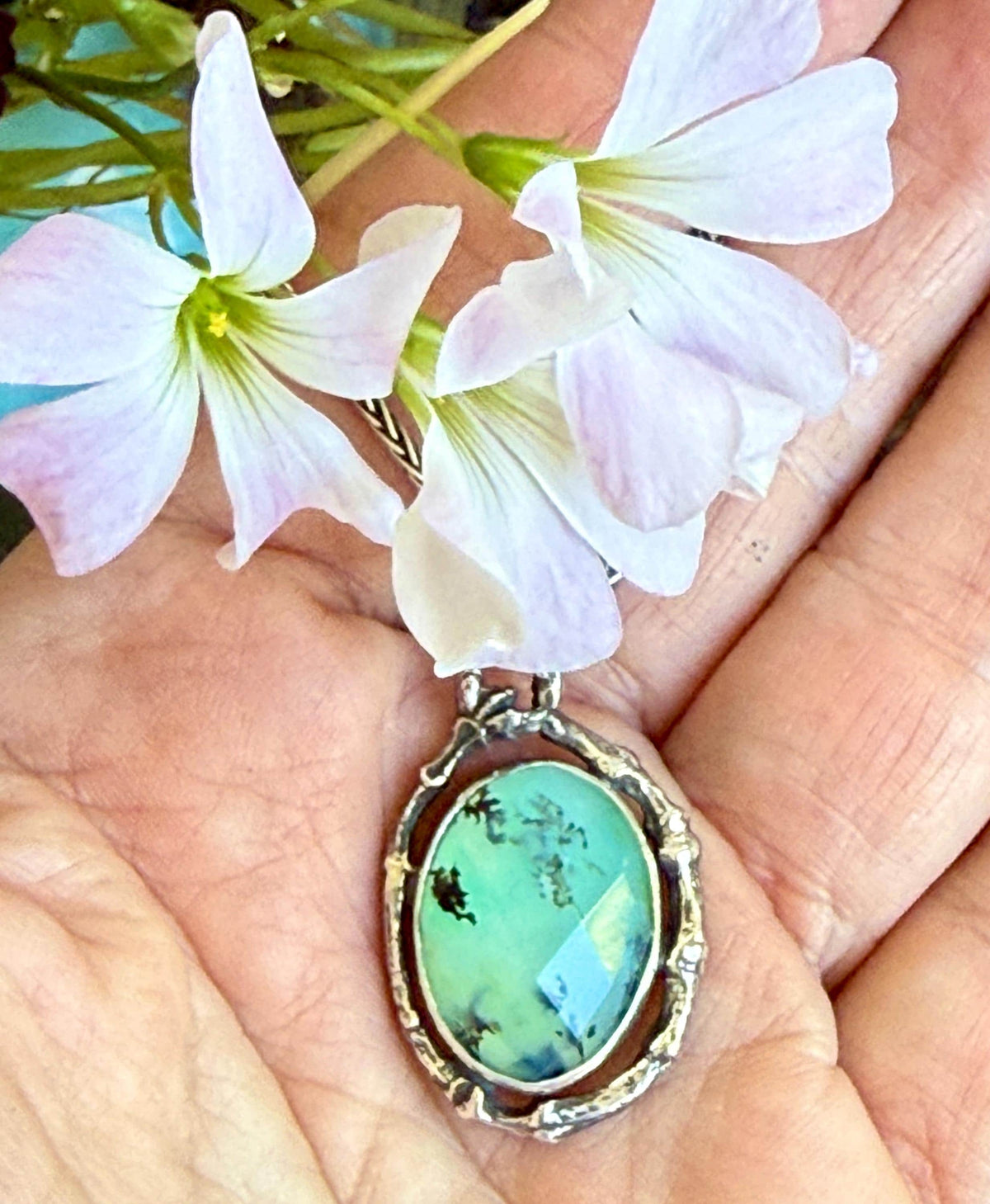 Peruvian Opal Pendant with Twig Border in Sterling Silver