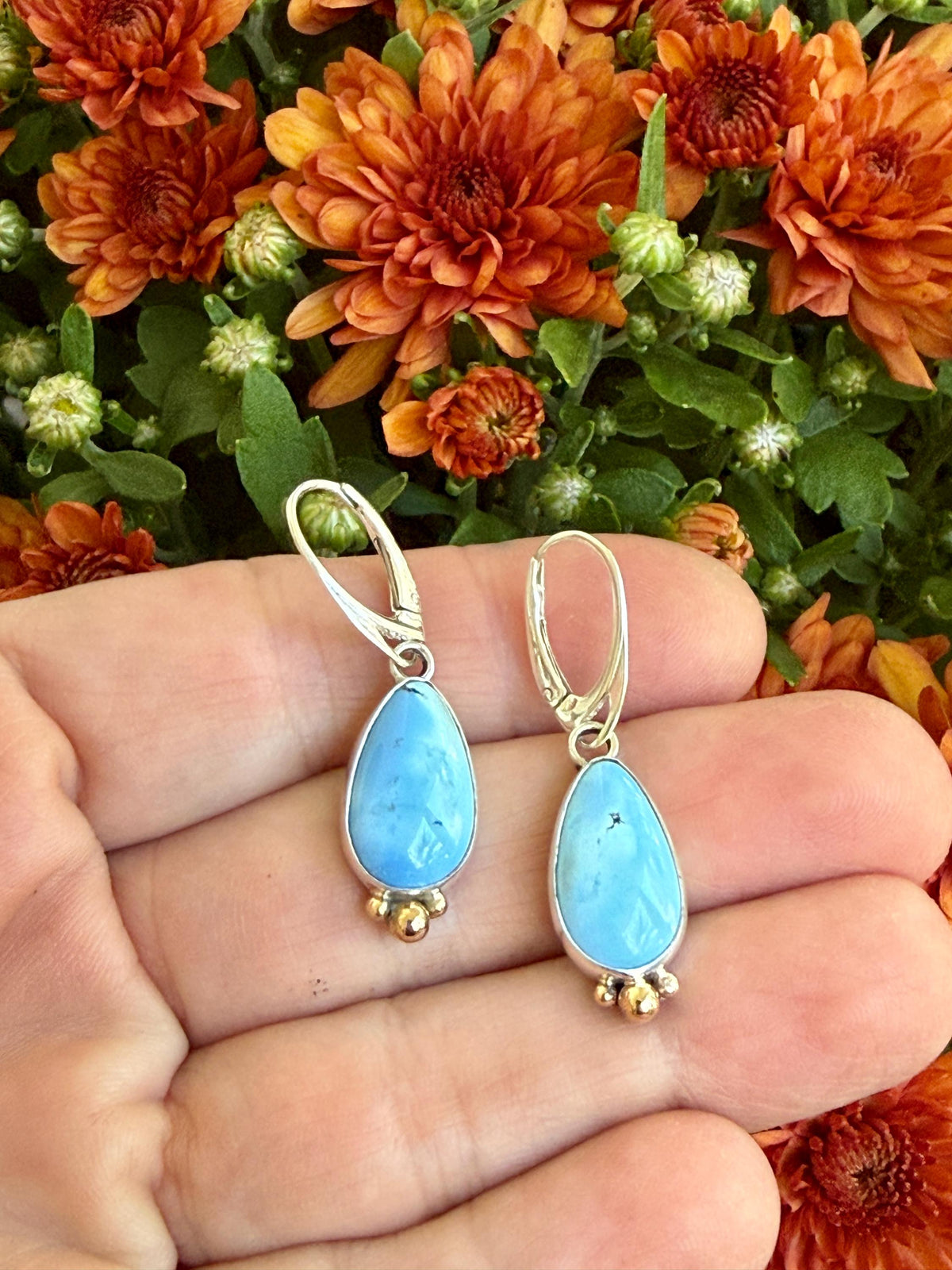 Kazakhstan Turquoise earrings, Golden Hills Turquoise Teardrop Earrings in Silver and Gold