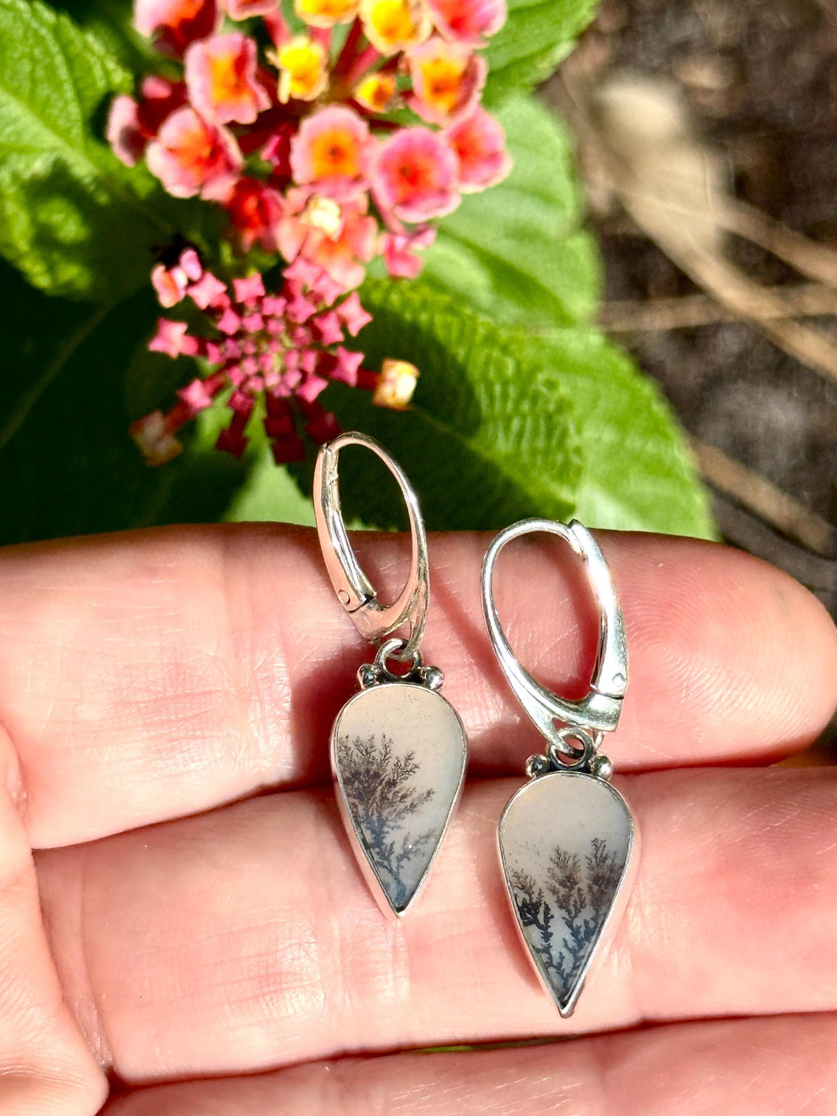 Dendritic Agate Teardrop Earrings in Sterling Silver