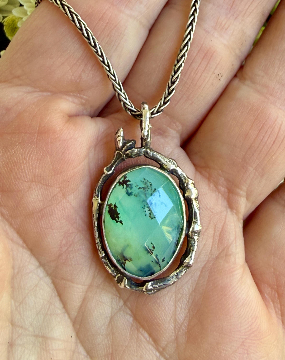 Peruvian Opal Pendant with Twig Border in Sterling Silver