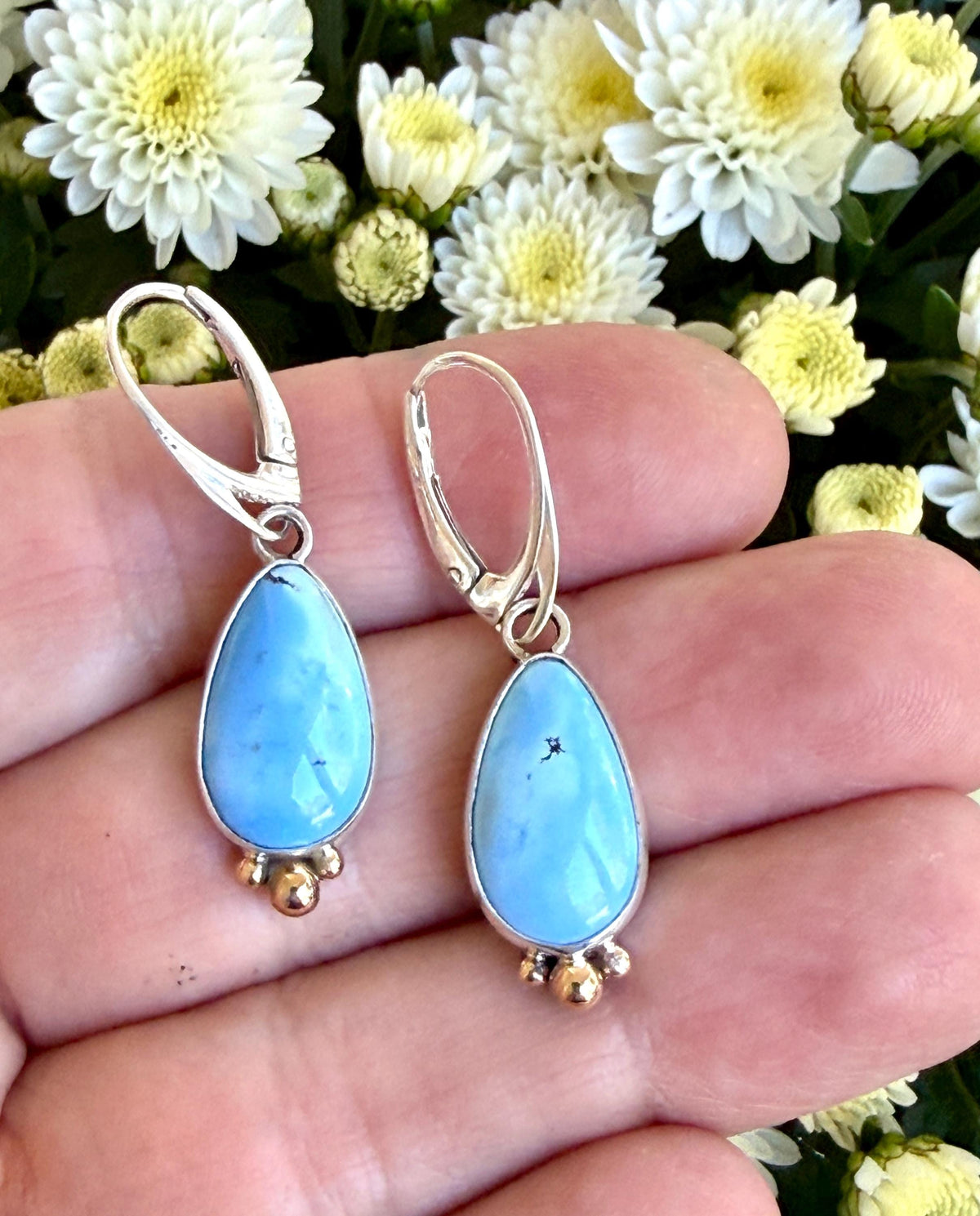 Kazakhstan Turquoise earrings, Golden Hills Turquoise Teardrop Earrings in Silver and Gold