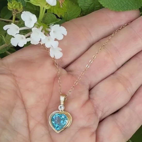 Blue Topaz Heart Pendant with Diamond Accent in 14k Gold