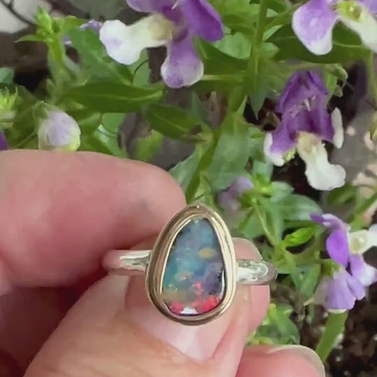 Australian Opal Ring with Solid Multi Color Opal in 14k Gold and Sterling Silver