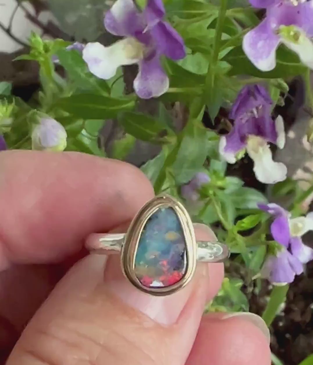 Australian Opal Ring with Solid Multi Color Opal in 14k Gold and Sterling Silver