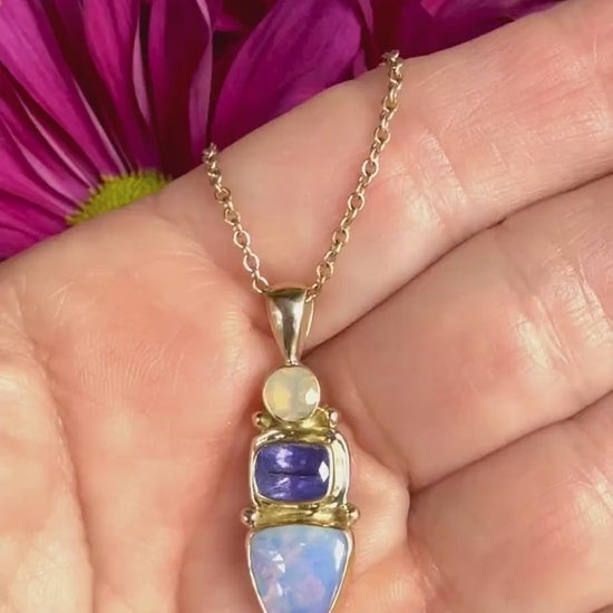 Australian Opal Tanzanite Pendant: 14k Gold & Sterling Silver Necklace