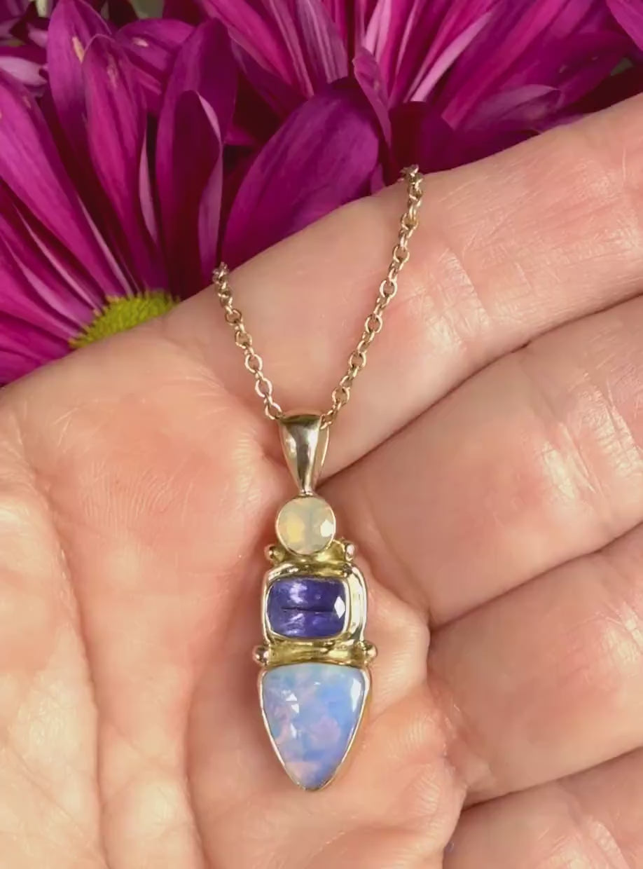 Australian Opal Tanzanite Pendant: 14k Gold & Sterling Silver Necklace