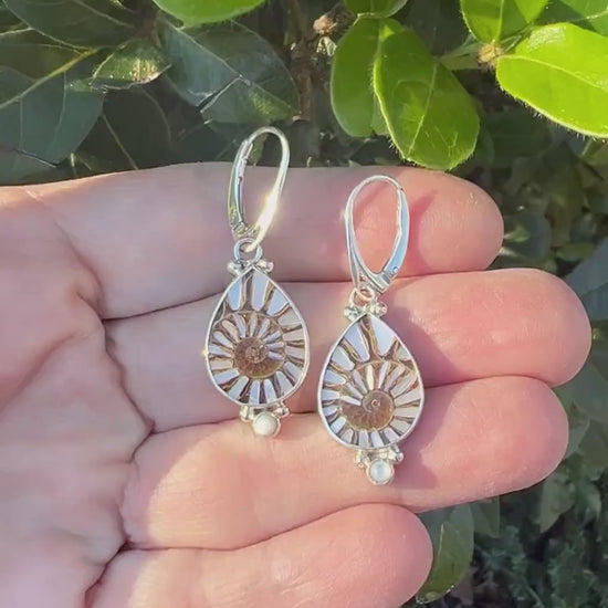 Ammonite fossil earrings, OOAK inlay earrings, Sterling Silver and Mother of Pearl