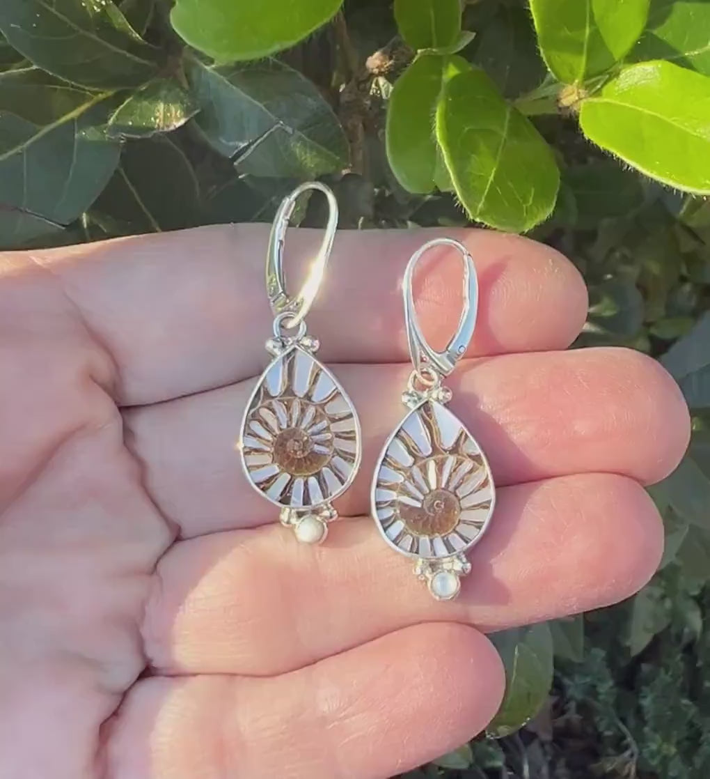 Ammonite fossil earrings, OOAK inlay earrings, Sterling Silver and Mother of Pearl
