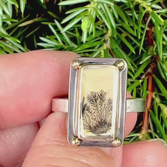 Dendritic Agate Set in 14k Gold with 14k Gold Accents and Sterling Band, OOAK Gemstone Statement ring, Scenic Stone Ring