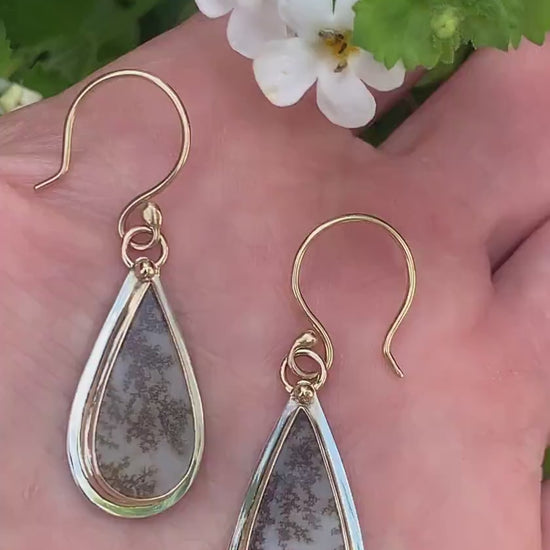 Dendritic Agate Dangle Earrings in Silver and Gold