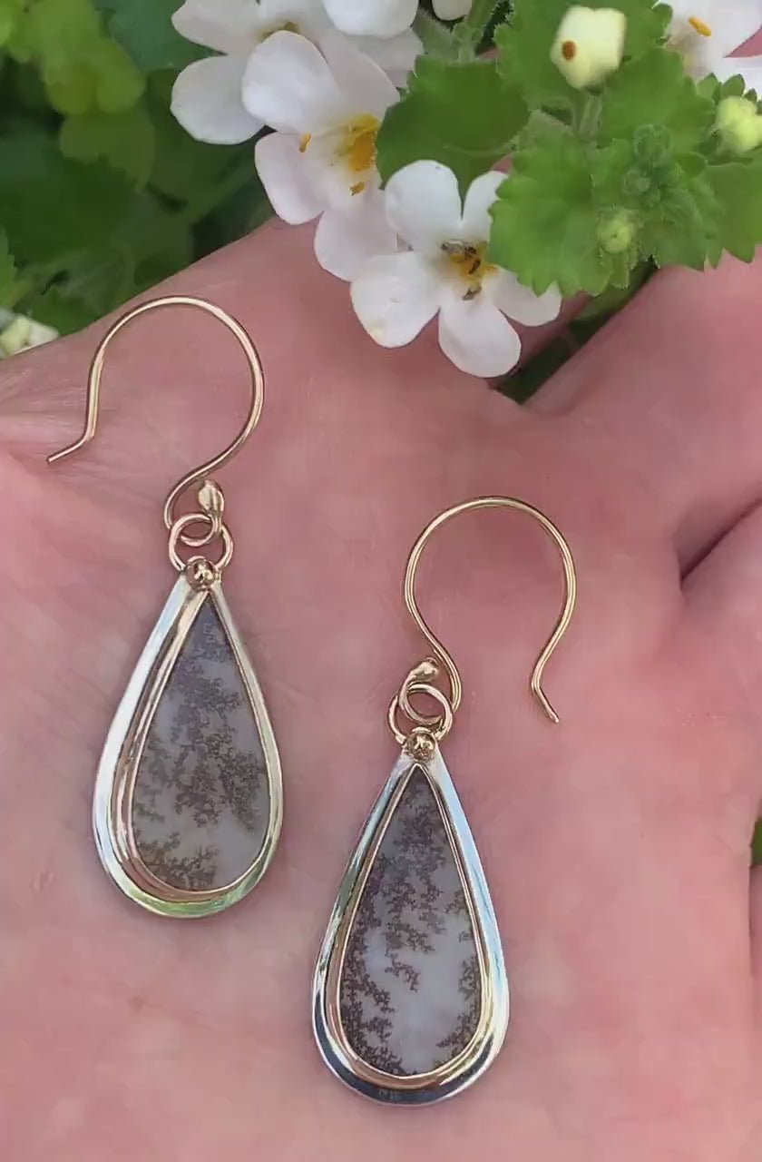 Dendritic Agate Dangle Earrings in Silver and Gold